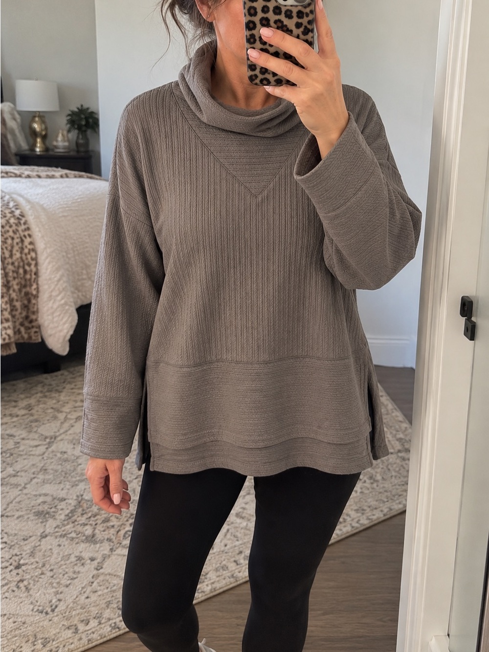 Tahari sport Cozy Ribbed Cowl Neck Tunic Sweater - Taupe